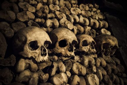 Mur de crânes et d'ossements des Catacombes de Paris, France