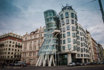 The dancing house get to be seen in the tramway, Prague